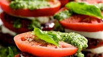 Stacked Tomato Salad with Black Olive Tapenade and Basil Pesto Dressing Stacked Tomato Salad with Black Olive Tapenade and Basil Pesto Dressing