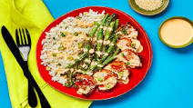 Hoisin-Glazed Pork Tenderloin with Scallion Rice, Ponzu Roasted Green Beans & Spicy Mayo Hoisin-Glazed Pork Tenderloin with Scallion Rice, Ponzu Roasted Green Beans & Spicy Mayo