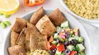 Greek-Style Quinoa & Edamame Salad Bowl with Pita Chips Greek-Style Quinoa & Edamame Salad Bowl with Pita Chips