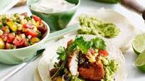 Chicken tacos with tomato salsa and guacamole Chicken tacos with tomato salsa and guacamole