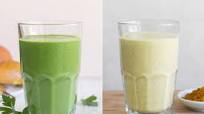 Two breakfasts: Pear-kale tonic & Mango-turmeric smoothie with ginger Two breakfasts: Pear-kale tonic & Mango-turmeric smoothie with ginger