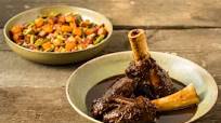 Braised venison shanks with 'three sisters' and wild boar bacon Braised venison shanks with 'three sisters' and wild boar bacon
