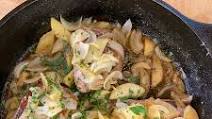 Pork Chops with Sweet Onions and Apple and Cheesy Crushed Potatoes with Sour Cream and Chives Pork Chops with Sweet Onions and Apple and Cheesy Crushed Potatoes with Sour Cream and Chives