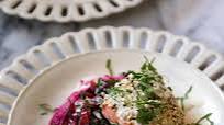 Hemp Crusted Salmon with Beet Hummus, Greens, and Lemon-Tahini Sauce Hemp Crusted Salmon with Beet Hummus, Greens, and Lemon-Tahini Sauce