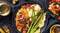 Bruschetta Chicken with a Crispy Mozzarella Crust, Bacon Mashed Potatoes, and Asparagus Bruschetta Chicken with a Crispy Mozzarella Crust, Bacon Mashed Potatoes, and Asparagus