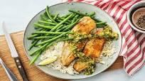 Tilapia with Scallion Sriracha Pesto with Ginger Jasmine Rice with Green Beans Tilapia with Scallion Sriracha Pesto with Ginger Jasmine Rice with Green Beans