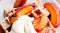 Belgian Buttermilk Waffles with Roasted Peaches and Vanilla Mascarpone Belgian Buttermilk Waffles with Roasted Peaches and Vanilla Mascarpone