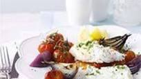 Baked fish with cherry tomatoes and red onion Baked fish with cherry tomatoes and red onion