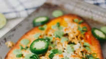 Tandoori Chicken Naan Pizza with Creamy Cilantro Sauce Tandoori Chicken Naan Pizza with Creamy Cilantro Sauce