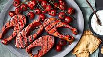 Quick-Cured Salmon Steaks with Grilled Tomatoes and Tzatziki Quick-Cured Salmon Steaks with Grilled Tomatoes and Tzatziki