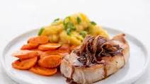 Shallot-Demi Boneless Pork Chop with thyme carrots and mashed potatoes Shallot-Demi Boneless Pork Chop with thyme carrots and mashed potatoes