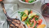Harissa Rubbed Grilled Pork Chops with Tomato Peach Salad Harissa Rubbed Grilled Pork Chops with Tomato Peach Salad