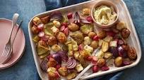 Vegetable and halloumi traybake with tzatziki Vegetable and halloumi traybake with tzatziki