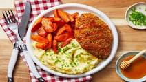 Crispy Hot Honey Chicken with Roasted Carrots and Chive Mashed Potatoes Crispy Hot Honey Chicken with Roasted Carrots and Chive Mashed Potatoes