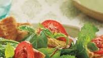 Tomato Hummus Toasts with Mixed Greens Tomato Hummus Toasts with Mixed Greens