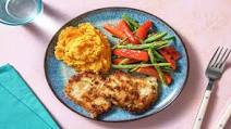 Parmesan-Crusted Pork Chops with Roasted Veggies and Sweet Potato Mash Parmesan-Crusted Pork Chops with Roasted Veggies and Sweet Potato Mash