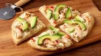 California Avocado and Shrimp Flatbread with smoked onion, candied sweet peppers and Cotija cream sauce California Avocado and Shrimp Flatbread with smoked onion, candied sweet peppers and Cotija cream sauce