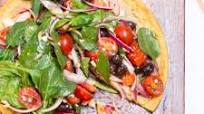 Socca Pizza with Spinach, Tomatoes, Olives and Feta Socca Pizza with Spinach, Tomatoes, Olives and Feta