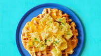 Cornbread-Cheddar Waffles with Scrambled Eggs Cornbread-Cheddar Waffles with Scrambled Eggs