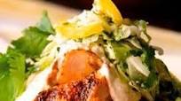 Salmon and Black Bean Tostadas with Cilantro - Lime Slaw and Chipotle Crema Salmon and Black Bean Tostadas with Cilantro - Lime Slaw and Chipotle Crema