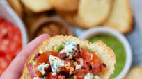 Tomato Bruschetta With Pesto, Blue Cheese And Hot Honey Tomato Bruschetta With Pesto, Blue Cheese And Hot Honey