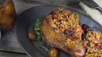 Fig-Glazed Double-Cut Pork Chops Stuffed with Andouille Rice Fig-Glazed Double-Cut Pork Chops Stuffed with Andouille Rice