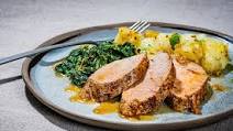 Pernil-Style Pork Tenderloin, Mojo Potatoes and Coconut Creamed Spinach Pernil-Style Pork Tenderloin, Mojo Potatoes and Coconut Creamed Spinach