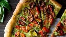 Basil Pesto Pizza with Mozzarella & Roasted Cherry Tomatoes Basil Pesto Pizza with Mozzarella & Roasted Cherry Tomatoes