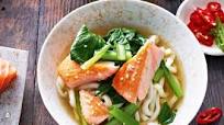 Miso broth with sesame salmon & udon noodles Miso broth with sesame salmon & udon noodles