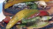 Grilled Bruschetta with Grilled Red and Yellow Peppers, Gorgonzola and Basil Oil Grilled Bruschetta with Grilled Red and Yellow Peppers, Gorgonzola and Basil Oil