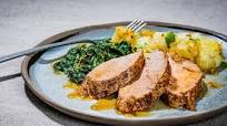 Pernil-Style Pork Tenderloin, Mojo Potatoes and Coconut Creamed Spinach Pernil-Style Pork Tenderloin, Mojo Potatoes and Coconut Creamed Spinach