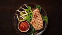 Pork chops with rhubarb and ancho chilli salsa Pork chops with rhubarb and ancho chilli salsa