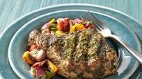 Charmoula-Marinated Pork Chops with Grilled Pepper Mélange Charmoula-Marinated Pork Chops with Grilled Pepper Mélange