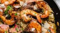 Steak and Seafood Skillet with Garlic Parmesan Sauce Steak and Seafood Skillet with Garlic Parmesan Sauce