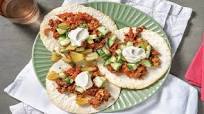 Cheesy Beef Tostadas with Charred Pineapple-Coriander Salsa & Sour Cream Cheesy Beef Tostadas with Charred Pineapple-Coriander Salsa & Sour Cream