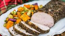 Herb and Pepper Crusted Pork Loin with Walnut Parsley Pesto Vegetables Herb and Pepper Crusted Pork Loin with Walnut Parsley Pesto Vegetables