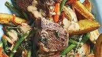 Lamb Chops with Mustard-Thyme Sauce and Roasted Fingerling Potatoes with Carrots & Green Beans Lamb Chops with Mustard-Thyme Sauce and Roasted Fingerling Potatoes with Carrots & Green Beans