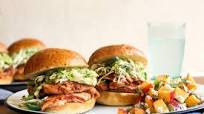 Barbacoa chicken sliders with cabbage slaw and peach-feta salad Barbacoa chicken sliders with cabbage slaw and peach-feta salad