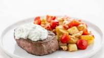 Mediterranean-Style Tzatziki Steak with potatoes and tomato relish Mediterranean-Style Tzatziki Steak with potatoes and tomato relish