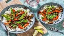 Thai-Style Beef with Peppers, Mangetout and Fluffy Rice Thai-Style Beef with Peppers, Mangetout and Fluffy Rice