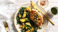 Pork piccata with lemon-caper pan sauce, sautéed zucchini, and kale Pork piccata with lemon-caper pan sauce, sautéed zucchini, and kale