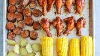 BBQ Sheet Pan Chicken & Sausage with Roasted Corn and Veggies BBQ Sheet Pan Chicken & Sausage with Roasted Corn and Veggies