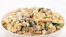 Creamy Garlic Pork Penne with Zucchini and Feta stovetop cooking Creamy Garlic Pork Penne with Zucchini and Feta stovetop cooking