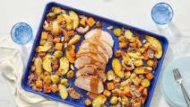 Sheet Pan Honey-Chipotle Pork Roast with Potatoes, Butternut Squash & Brussels Sprouts Sheet Pan Honey-Chipotle Pork Roast with Potatoes, Butternut Squash & Brussels Sprouts