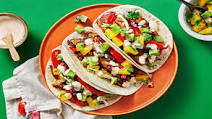 One-Pan Tropical Chicken Tacos with Pineapple Kiwi Salsa and Hot Sauce Crema One-Pan Tropical Chicken Tacos with Pineapple Kiwi Salsa and Hot Sauce Crema