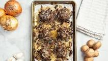 Sheet Pan Ground Beef Hamburger Steaks with Mushrooms & Onions Sheet Pan Ground Beef Hamburger Steaks with Mushrooms & Onions