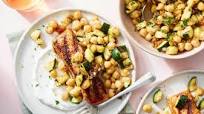 Harissa Grilled Salmon with Mediterranean Zucchini & Chickpea Salad Harissa Grilled Salmon with Mediterranean Zucchini & Chickpea Salad