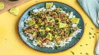 Pork and Thai Basil Stir-Fry with Bok Choy, Basmati Rice, and Sriracha Lime Sauce Pork and Thai Basil Stir-Fry with Bok Choy, Basmati Rice, and Sriracha Lime Sauce