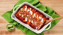Cheesy Black Bean Enchiladas with Long Green Pepper, Cilantro, Pico de Gallo & Lime Crema Cheesy Black Bean Enchiladas with Long Green Pepper, Cilantro, Pico de Gallo & Lime Crema