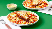 Chicken Parm Over Spaghetti with Garlic Marinara & Melty Mozz Chicken Parm Over Spaghetti with Garlic Marinara & Melty Mozz